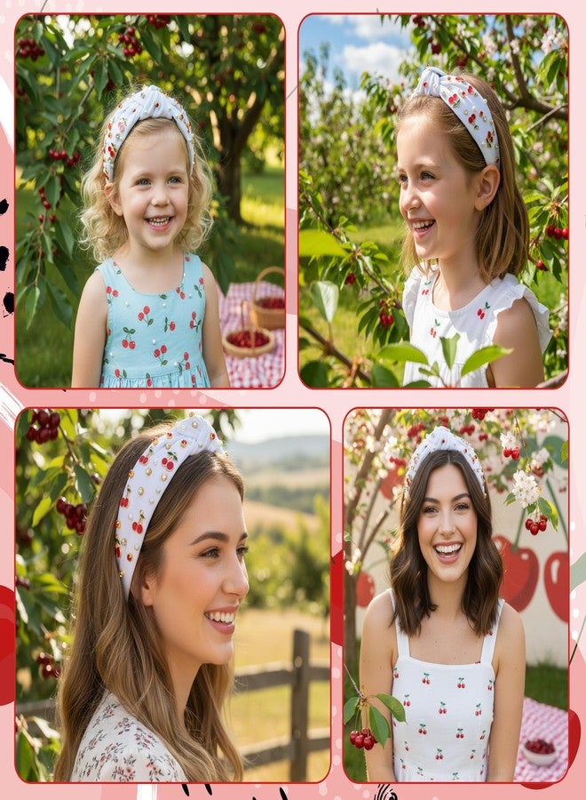 PANTIDE Cherry Jeweled Knotted Headband - Red Cherry Cute Charms Rhinestone Pearl Embellished Headband Wide Top Knot Non Slip Fashion Hairband Hair Accessories Birthday Gift for Women Girl (White) - Image 5